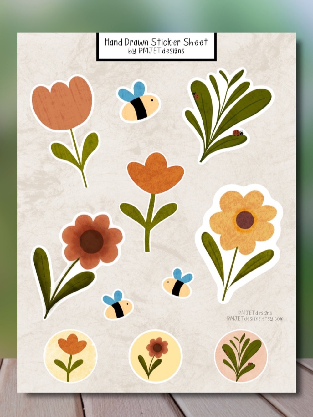 Flowers Bees Original Artwork Hand Drawn Sticker Sheet
